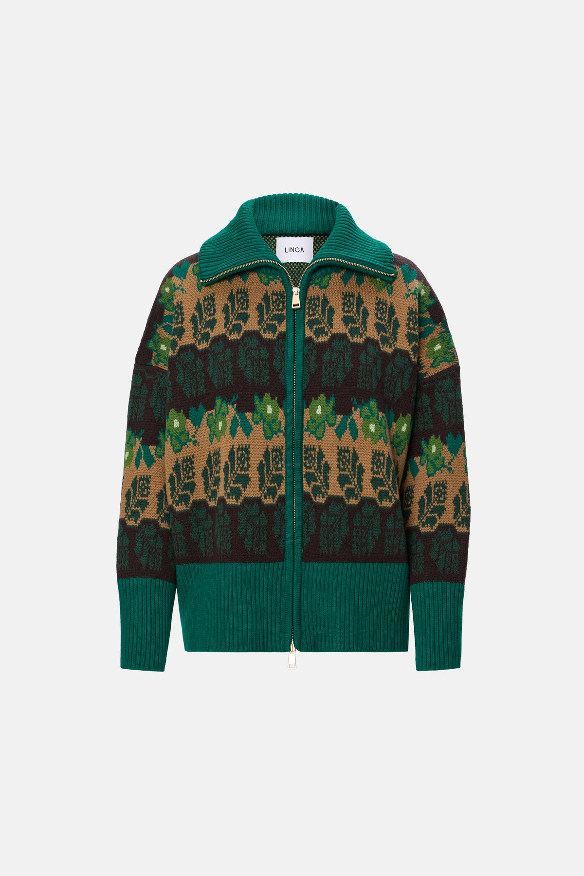 Cardigan lână merino verde cu fermoar