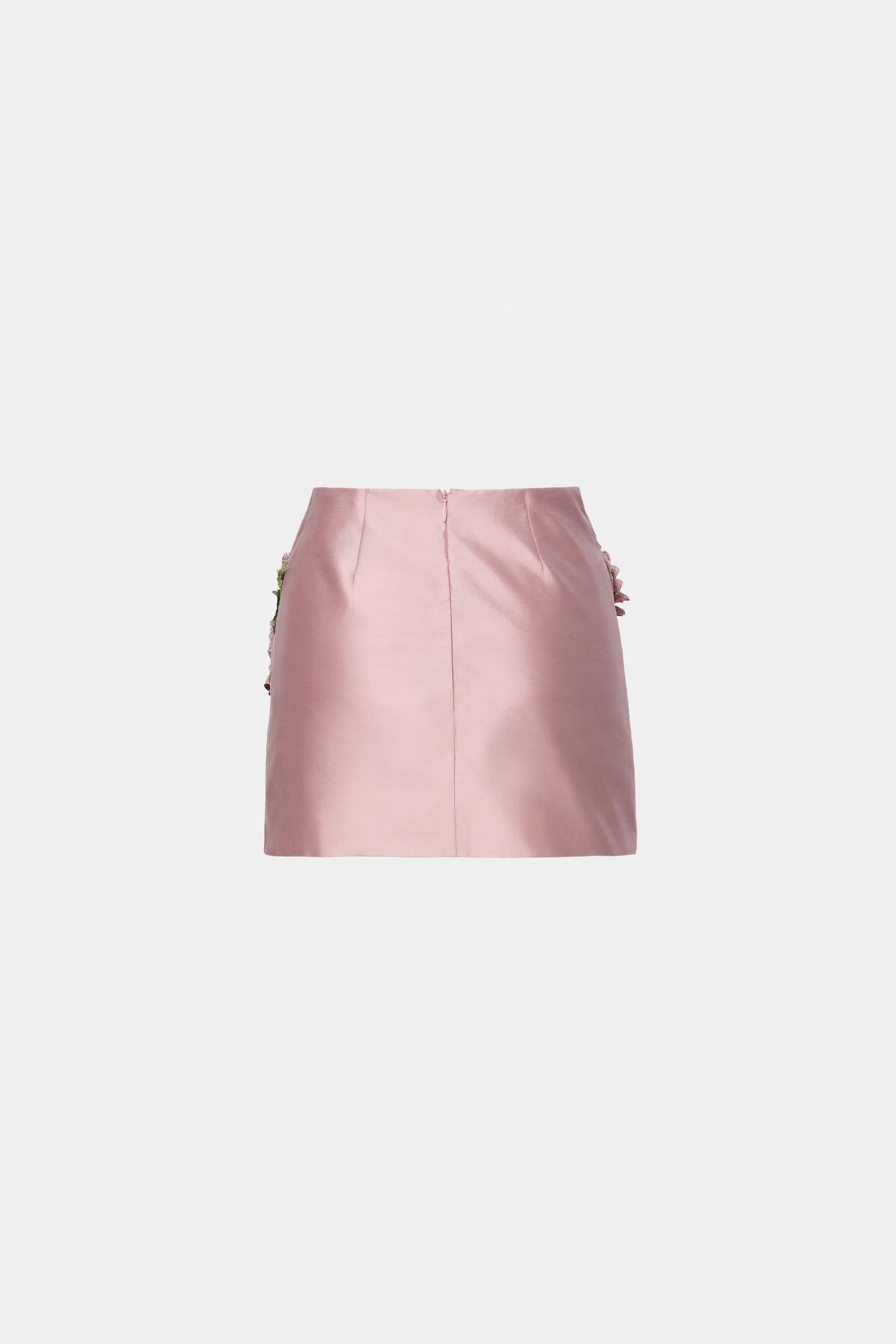 FUSTĂ SHANTUNG ROZ CU BRODERIE MANUALĂ