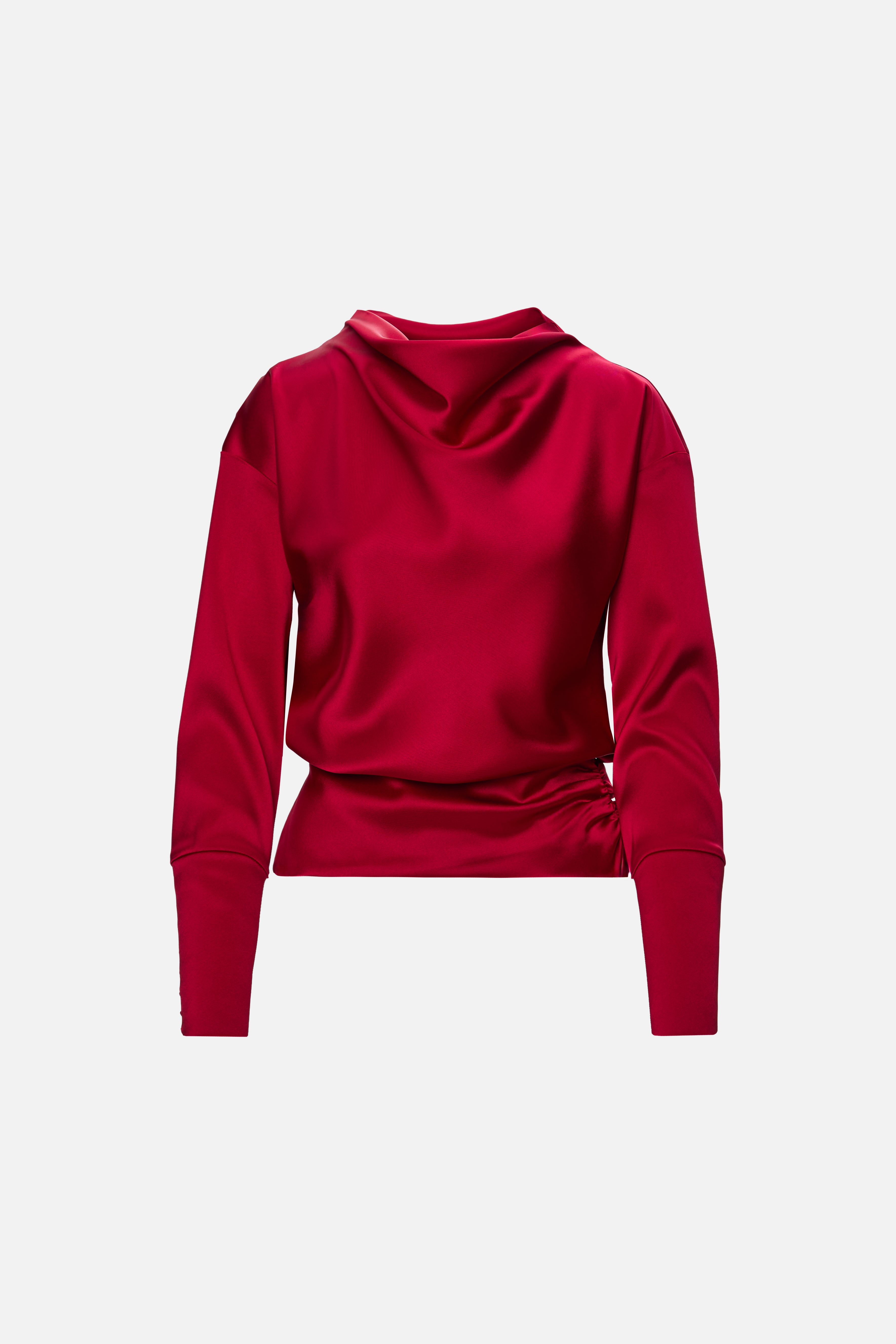 Top roșu drapat cu mânecă lungă