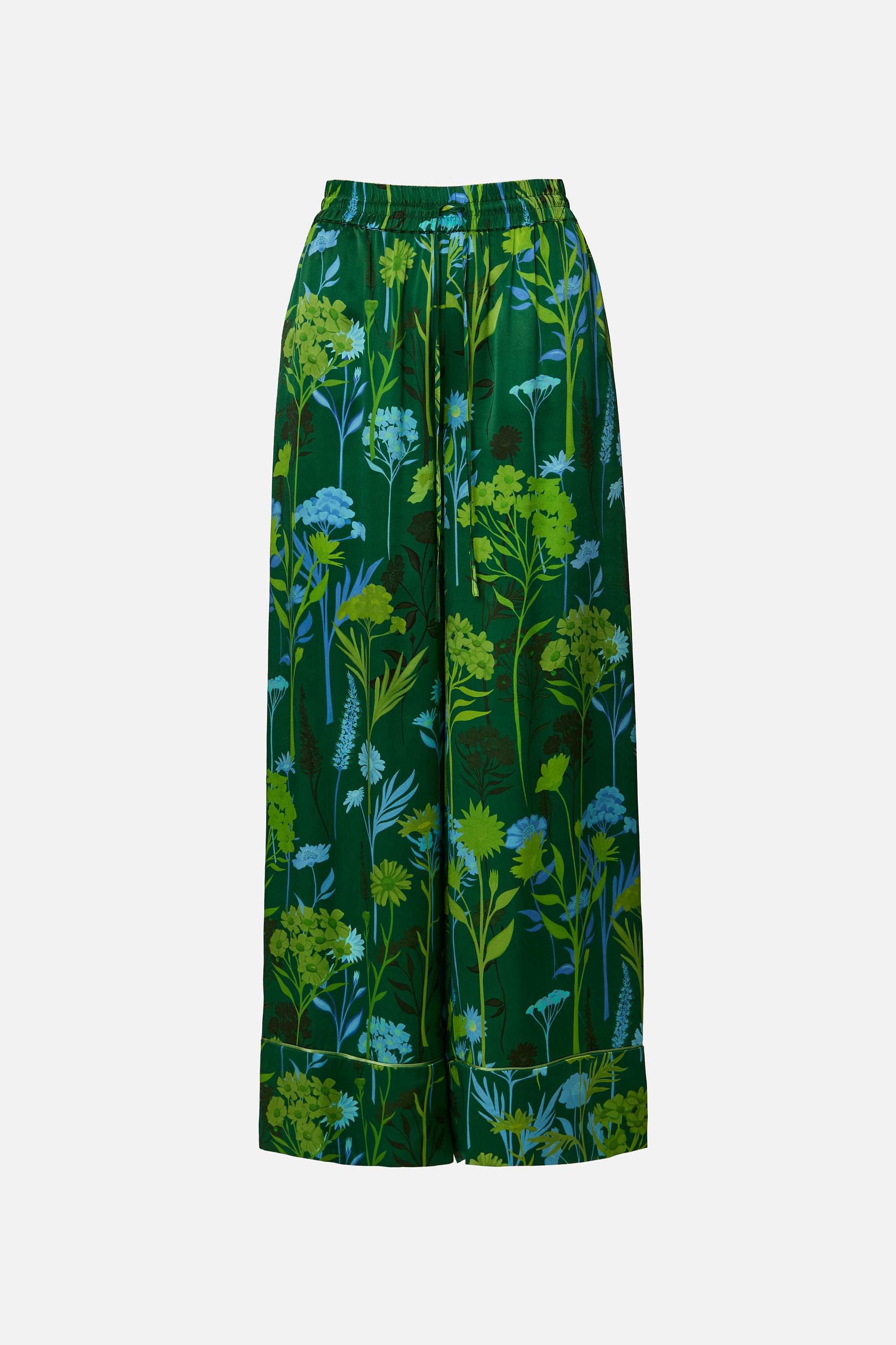 Pantaloni mătase floral verde