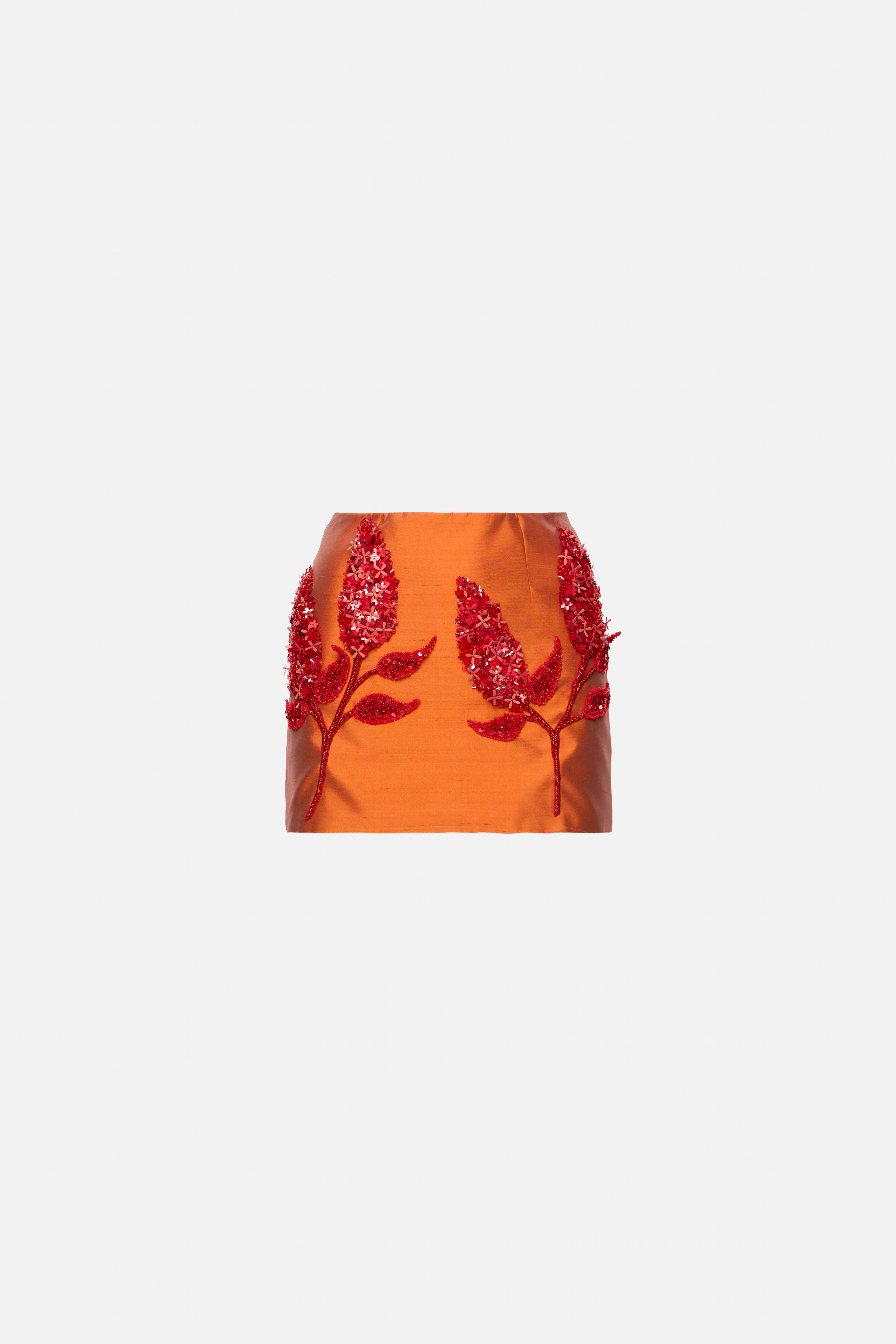 orange shantung skirt with hand embroidery