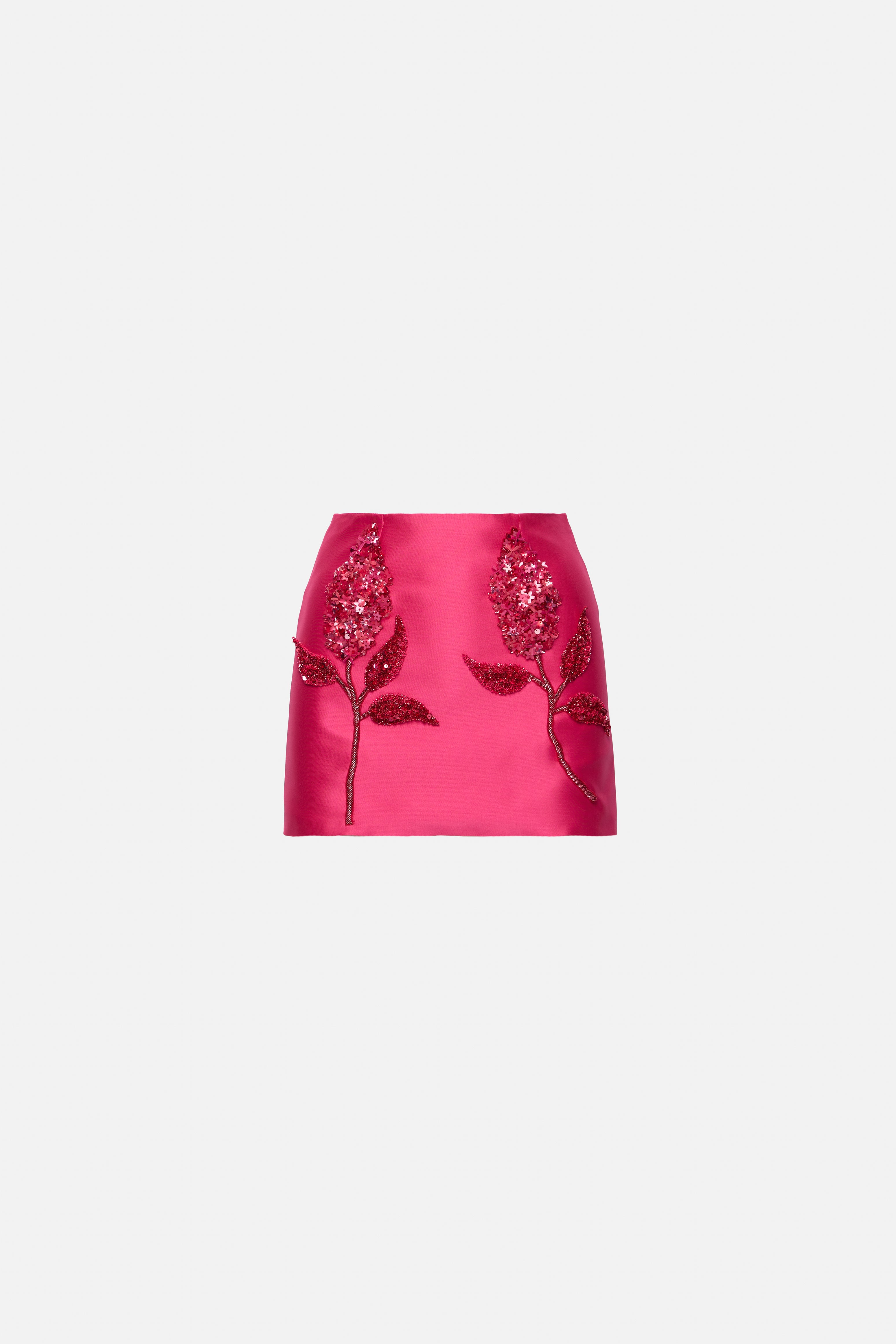 fuchsia shantung skirt with hand embroidery