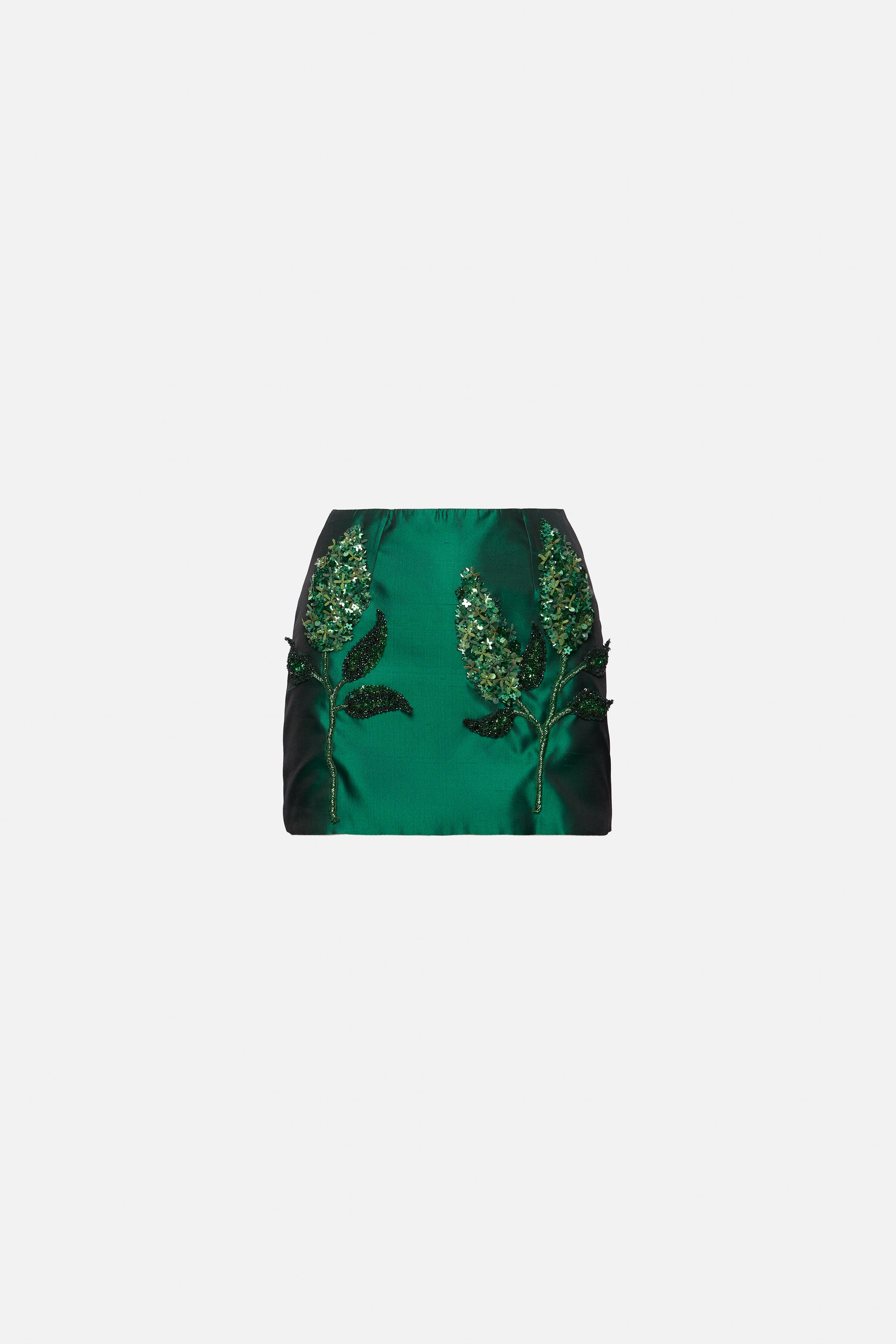 Green shantung skirt with hand embroidery
