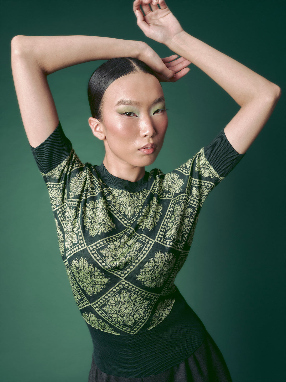 Jacquard Knit Top in olive green