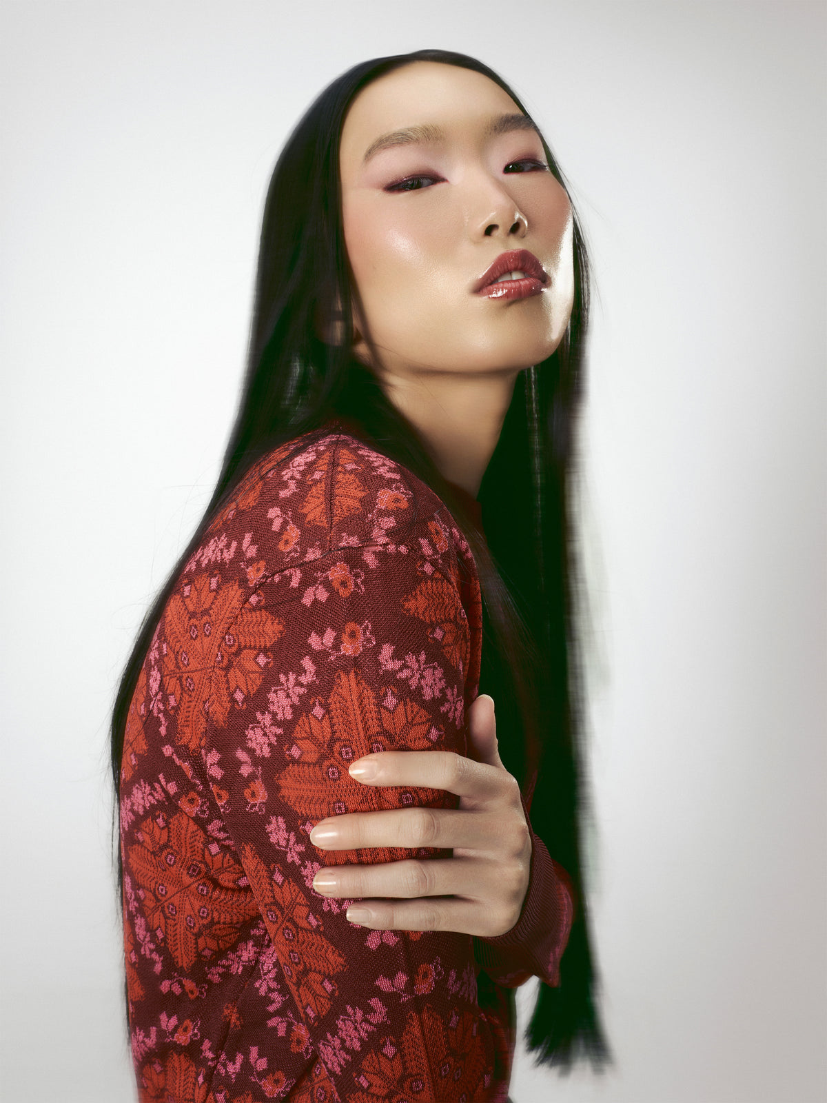 Jacquard knit Cardigan in burgundy