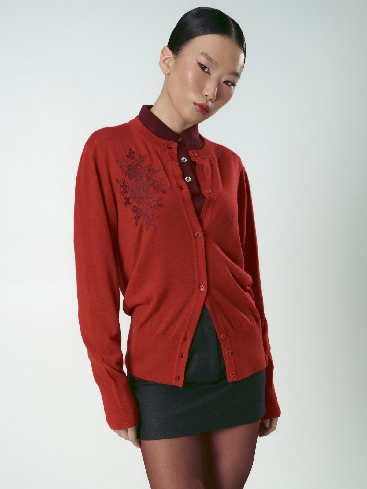 Embroidered Knit Cardigan in red