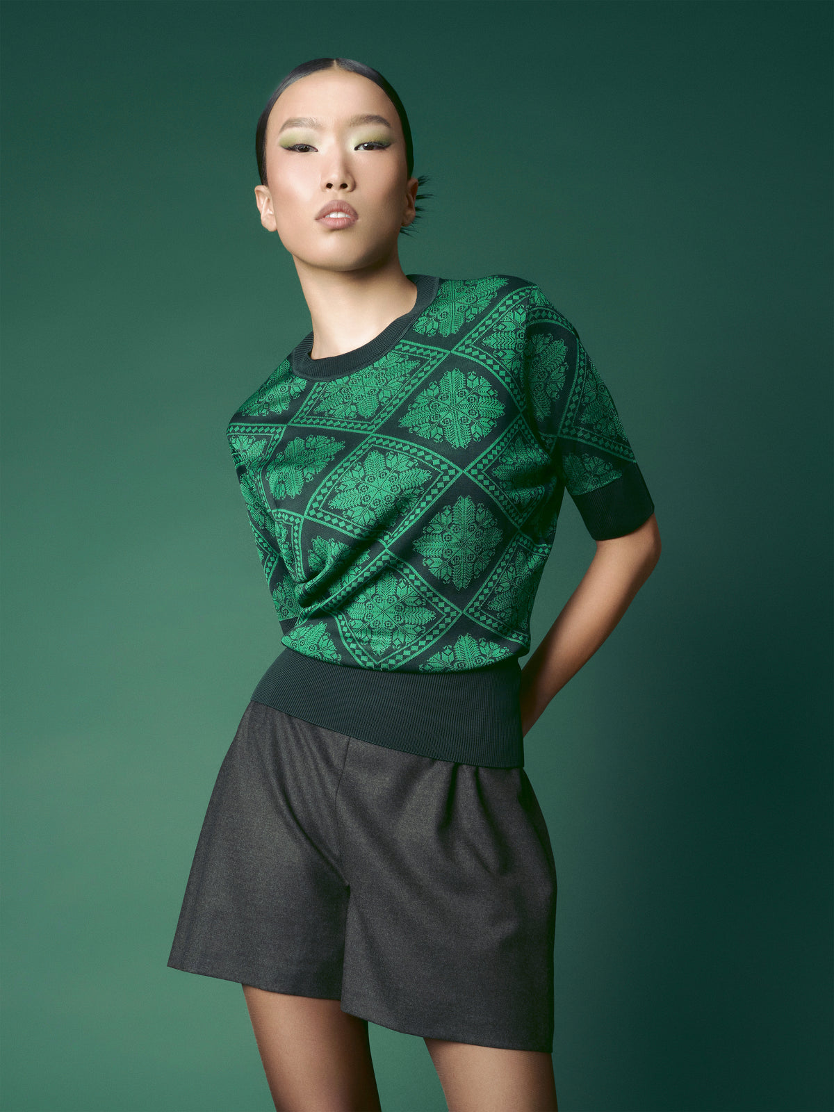 Jacquard Knit Top in forest green