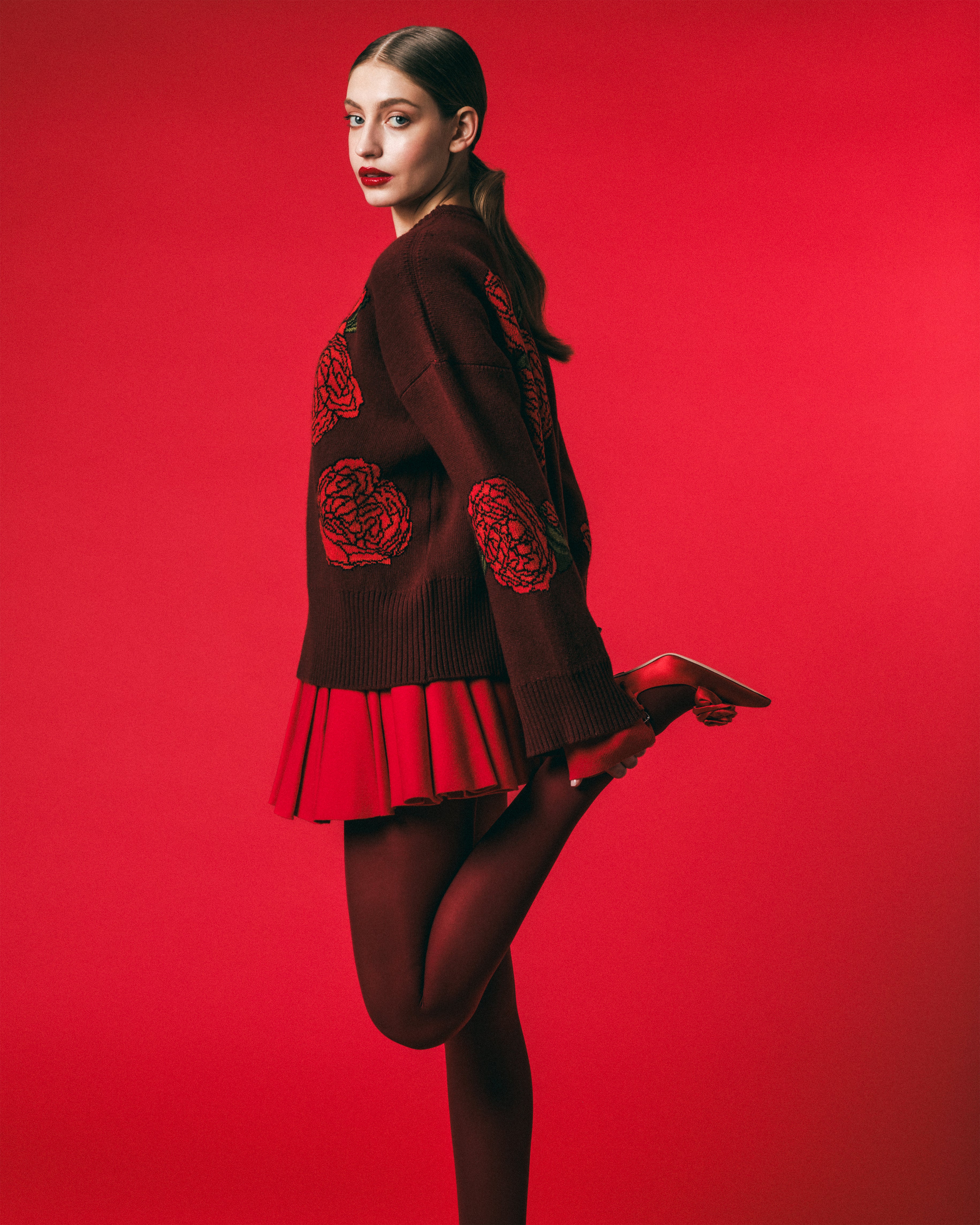 Burgundy Wool Jacquard Oversized Crew Neck Sweater