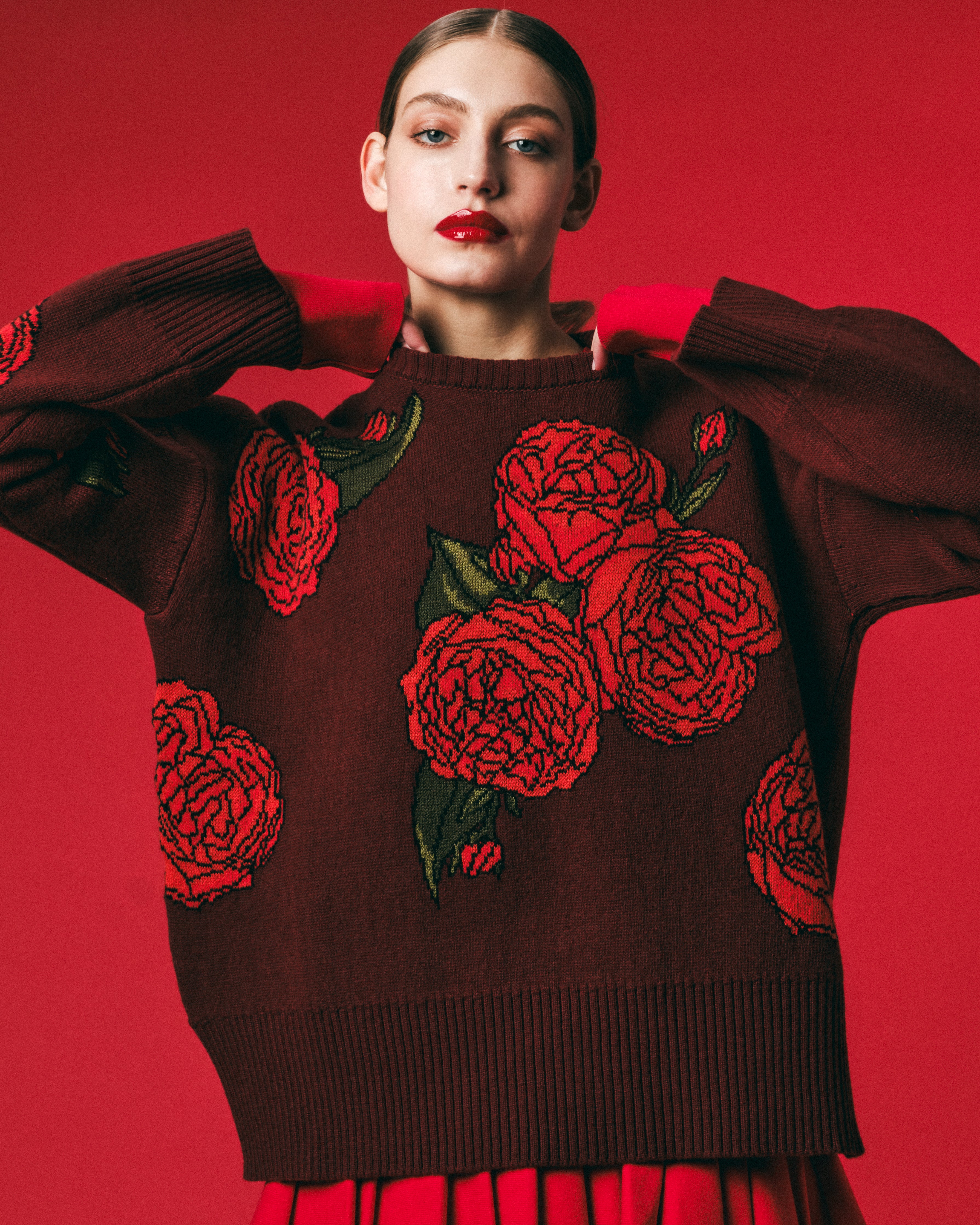 Burgundy Wool Jacquard Oversized Crew Neck Sweater