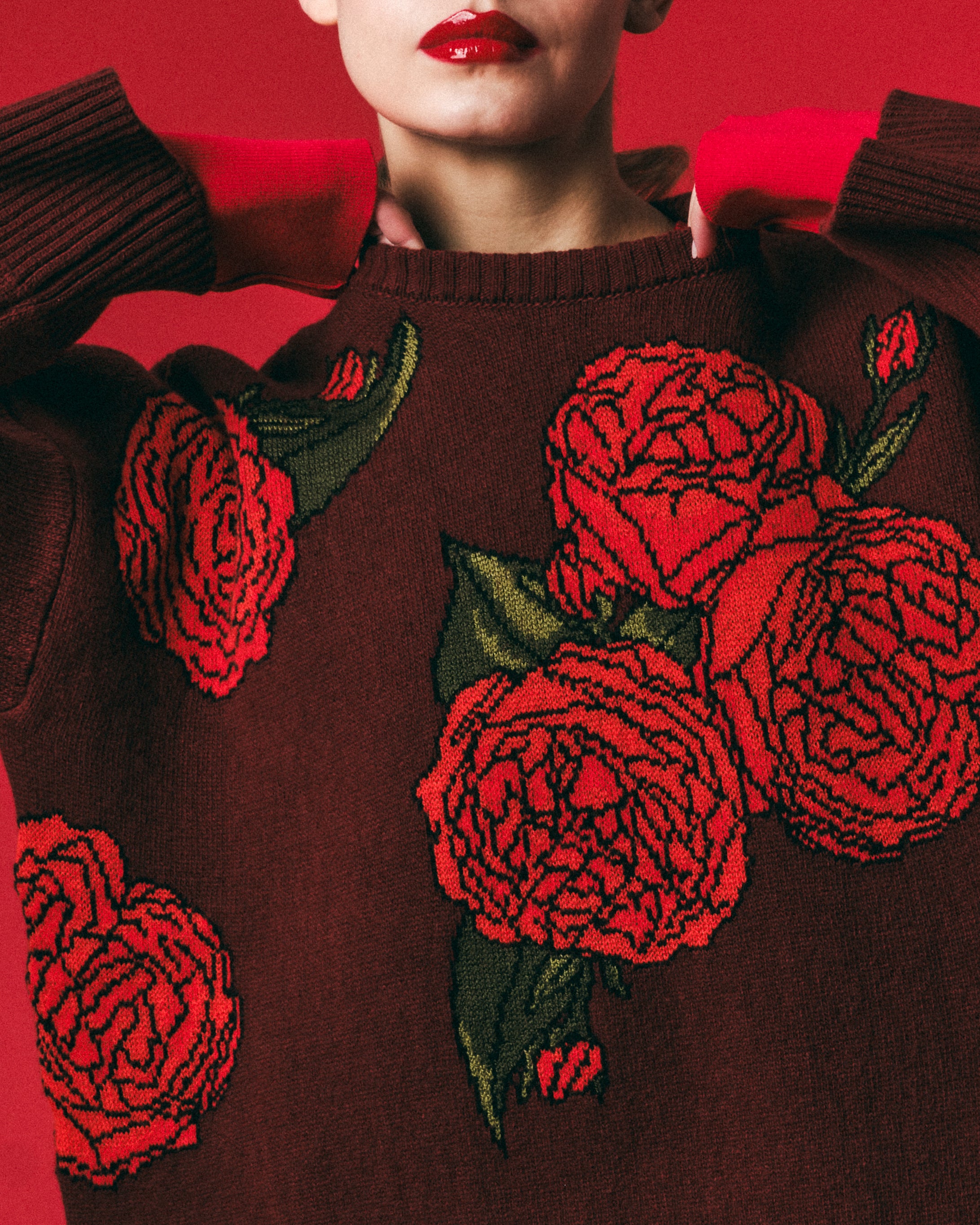 Burgundy Wool Jacquard Oversized Crew Neck Sweater