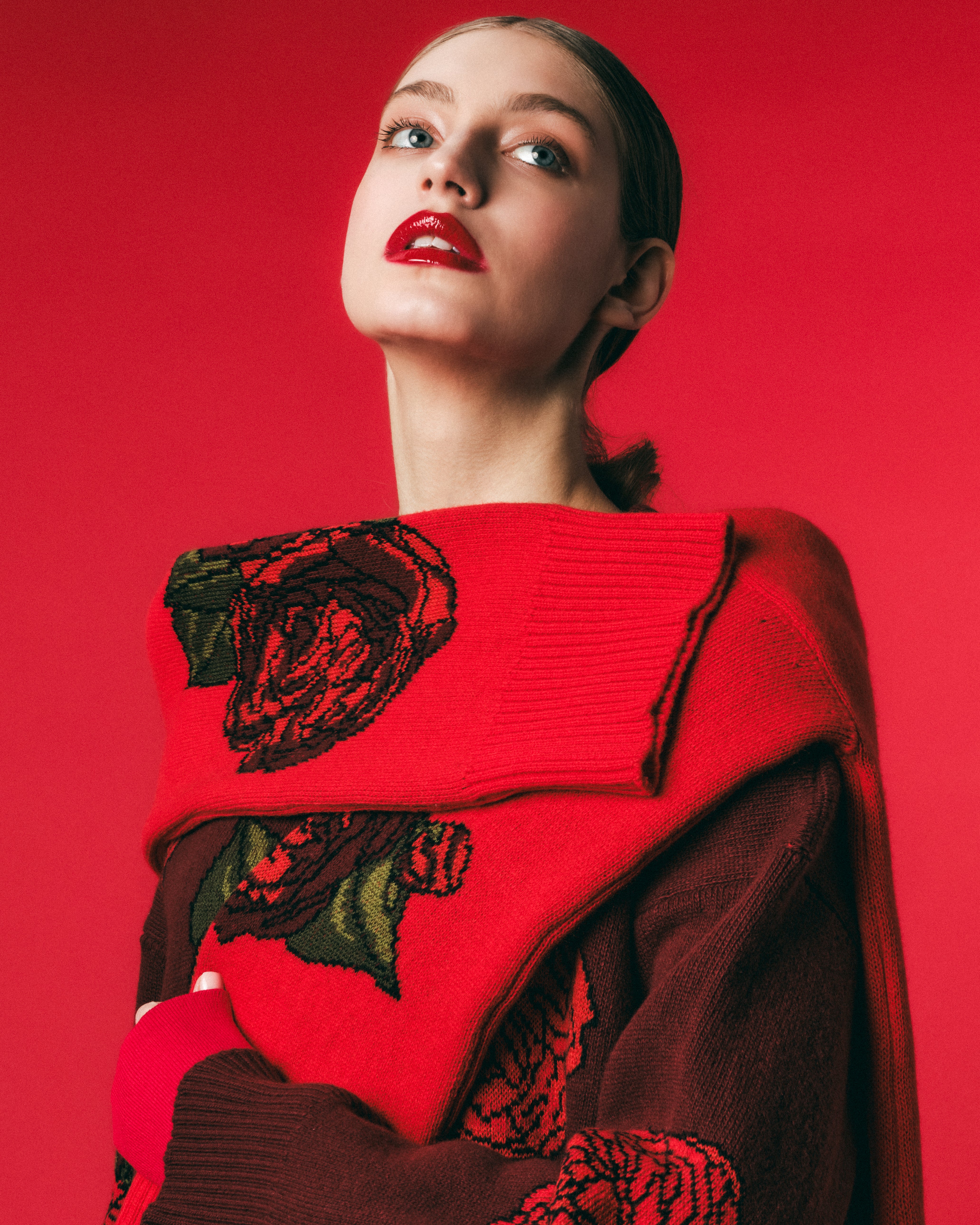 Burgundy Wool Jacquard Oversized Crew Neck Sweater