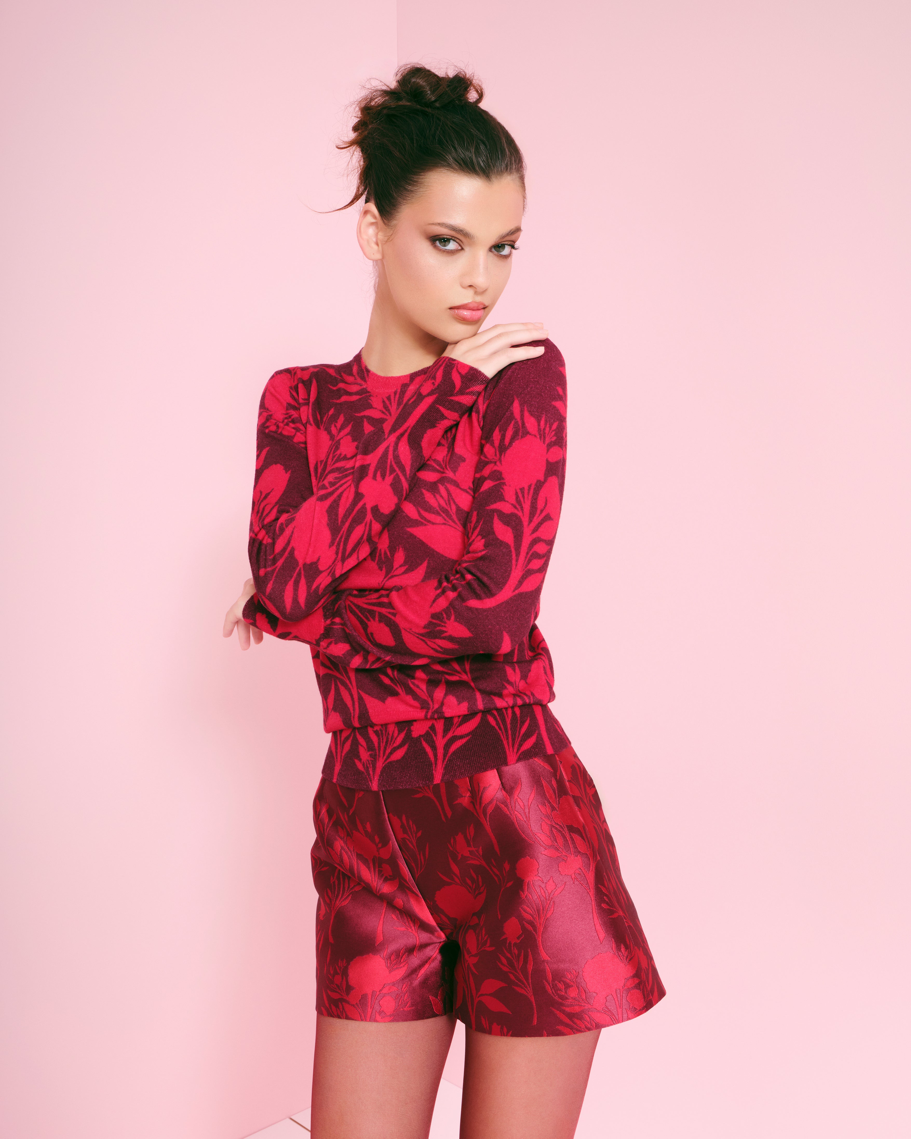 Short jacquard trandafir burgundy