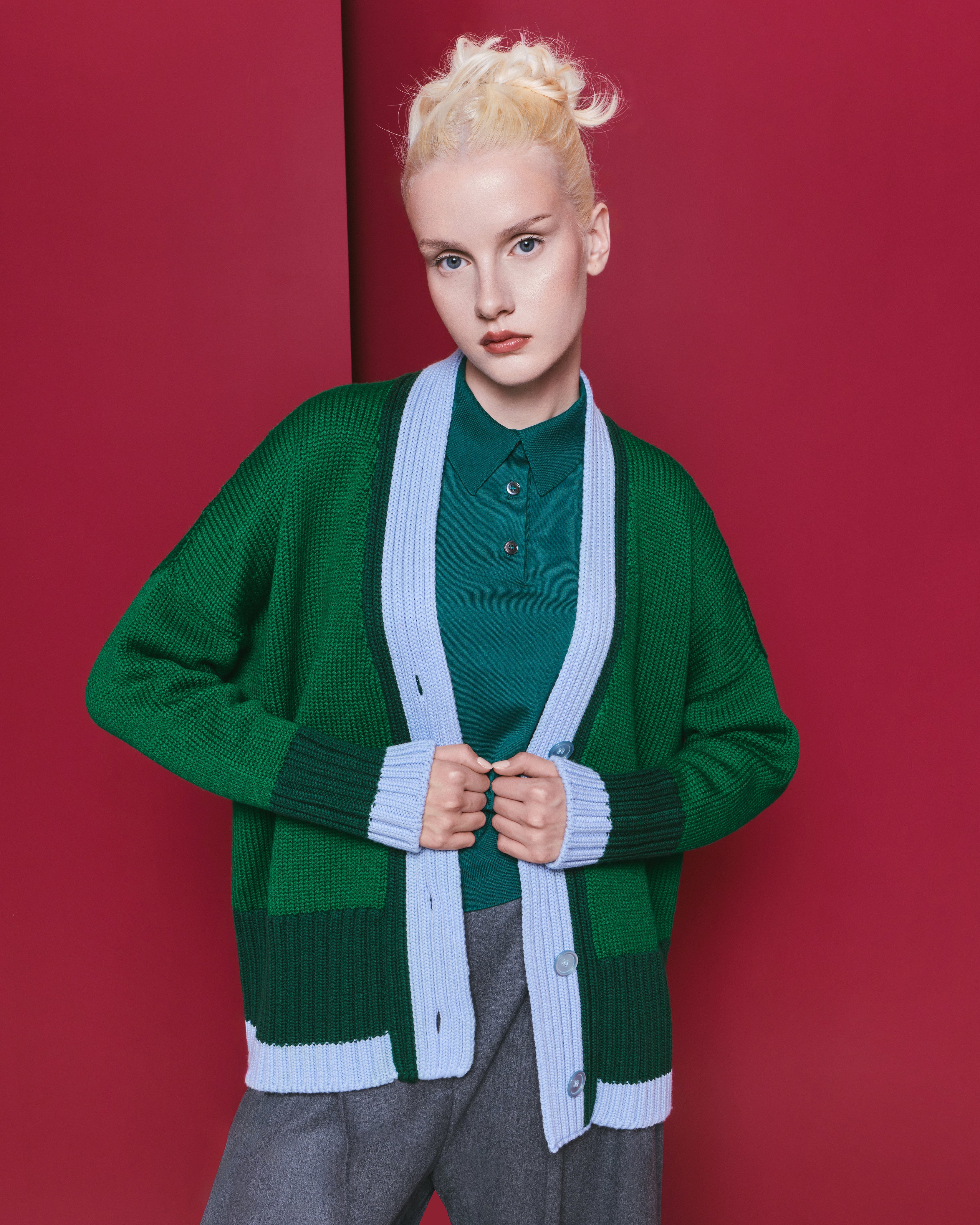 Cardigan oversized în două tonuri de verde și bleu
