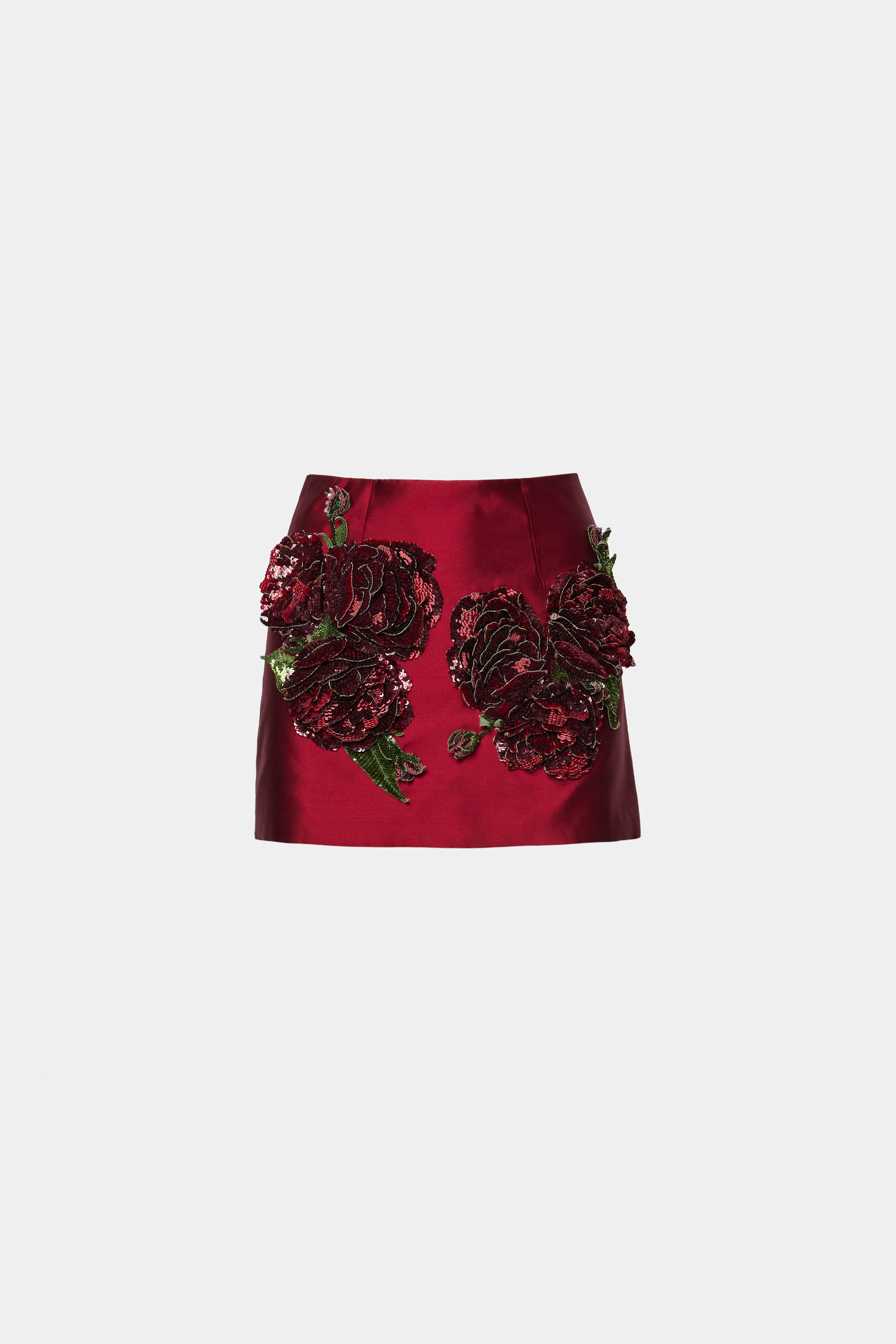 FUSTĂ SHANTUNG BURGUNDY CU BRODERIE MANUALĂ