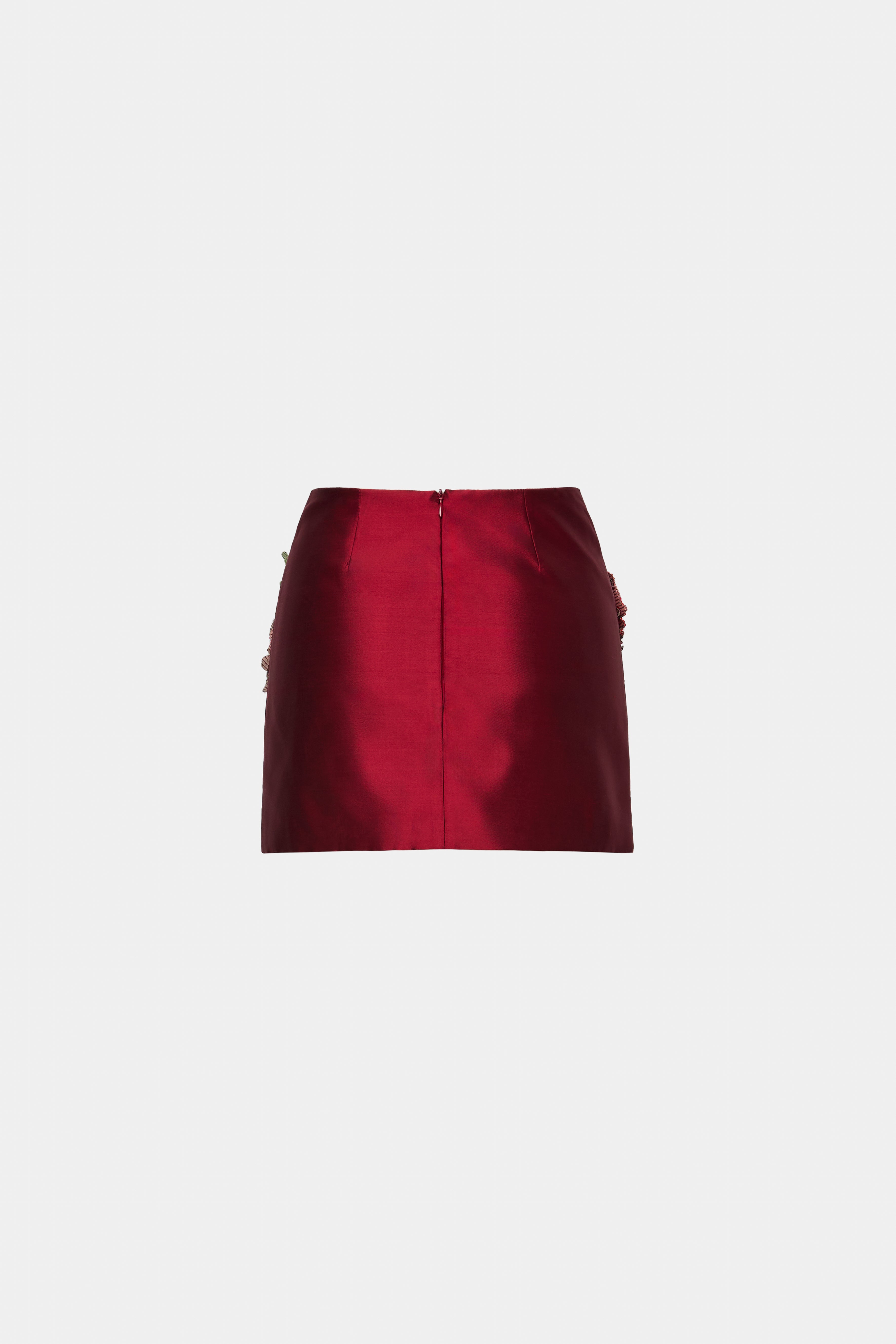 FUSTĂ SHANTUNG BURGUNDY CU BRODERIE MANUALĂ