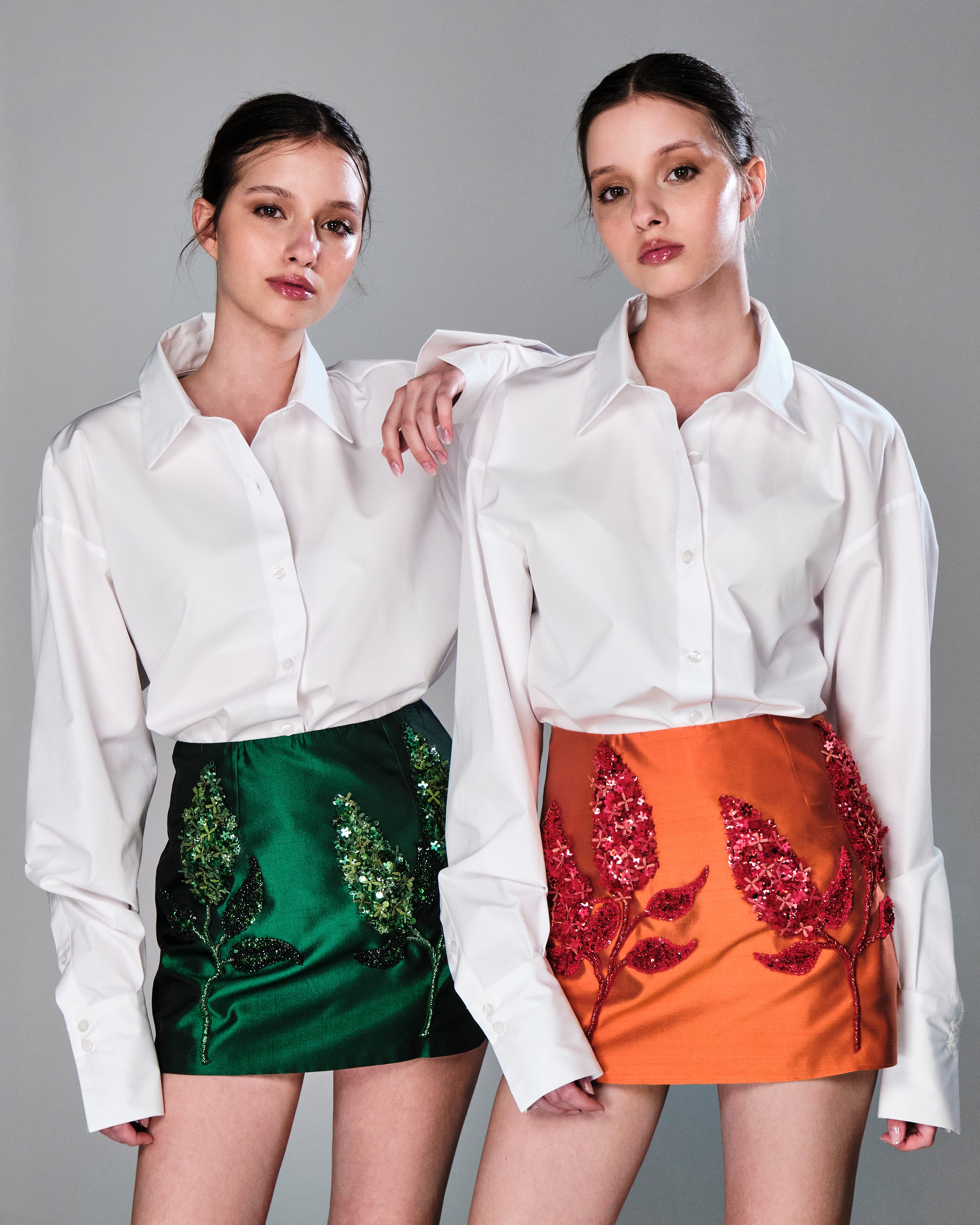 Green shantung skirt with hand embroidery