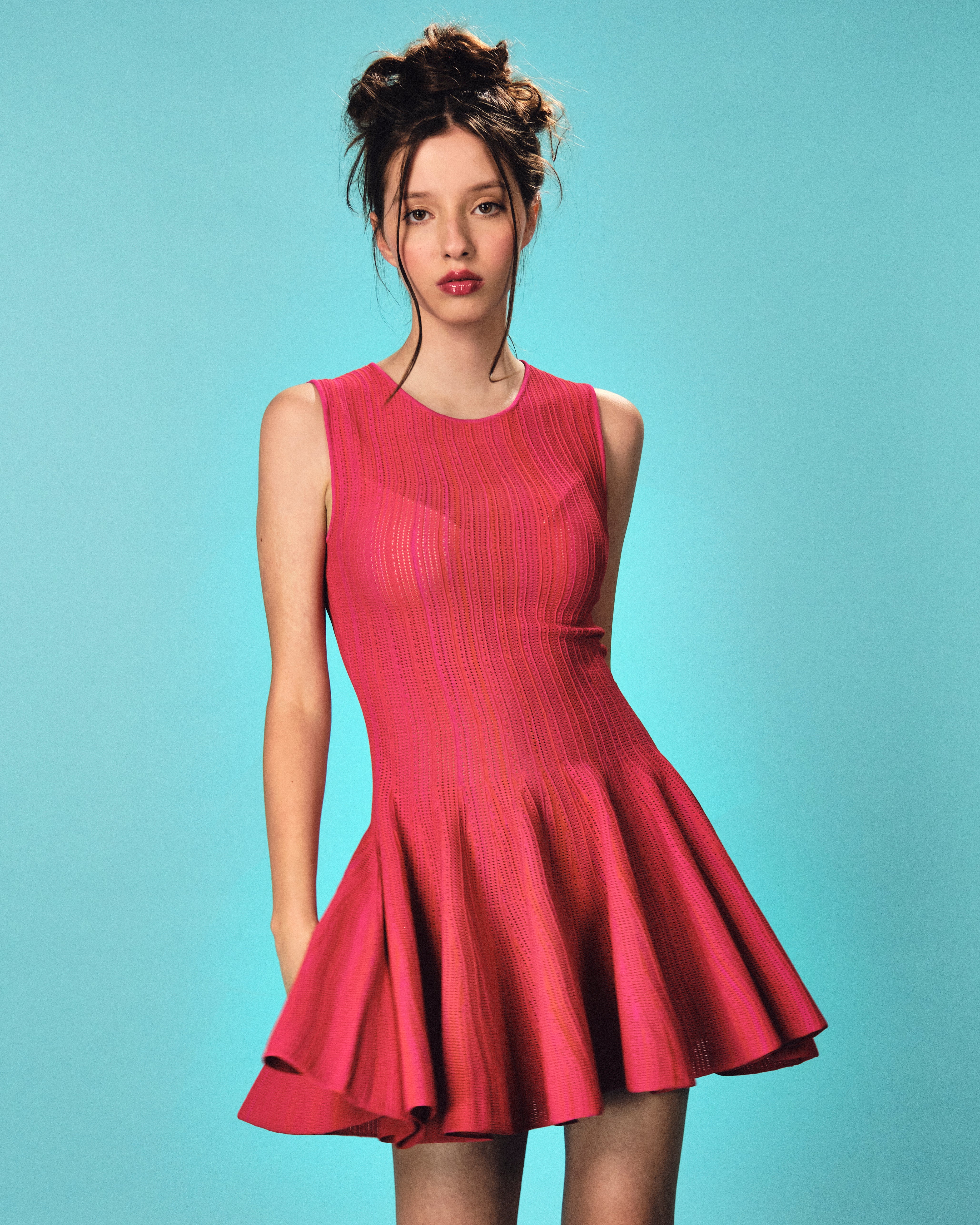 mixed orange and fuchsia knitted dress