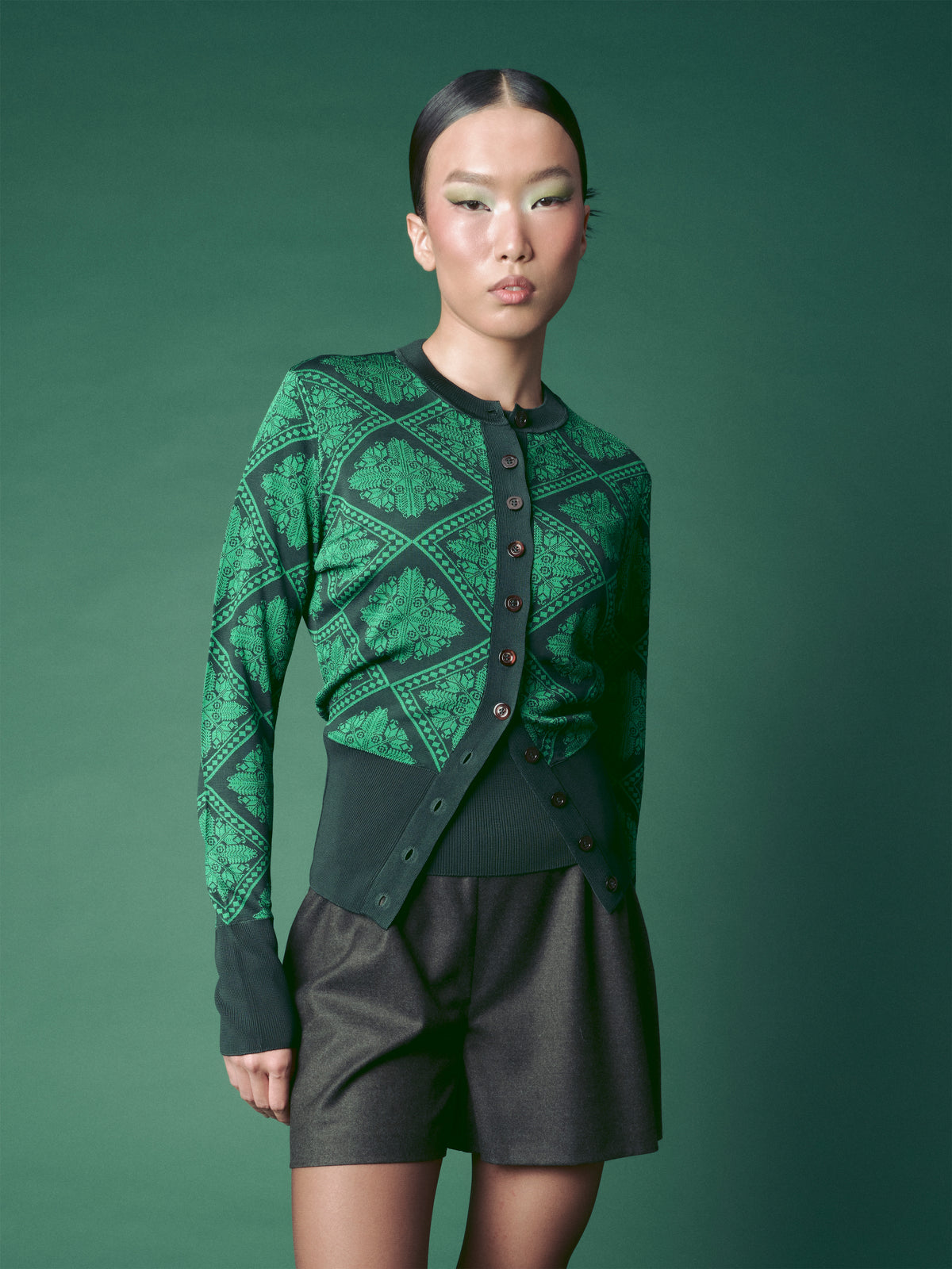 Cardigan tricotat jacquard verde închis