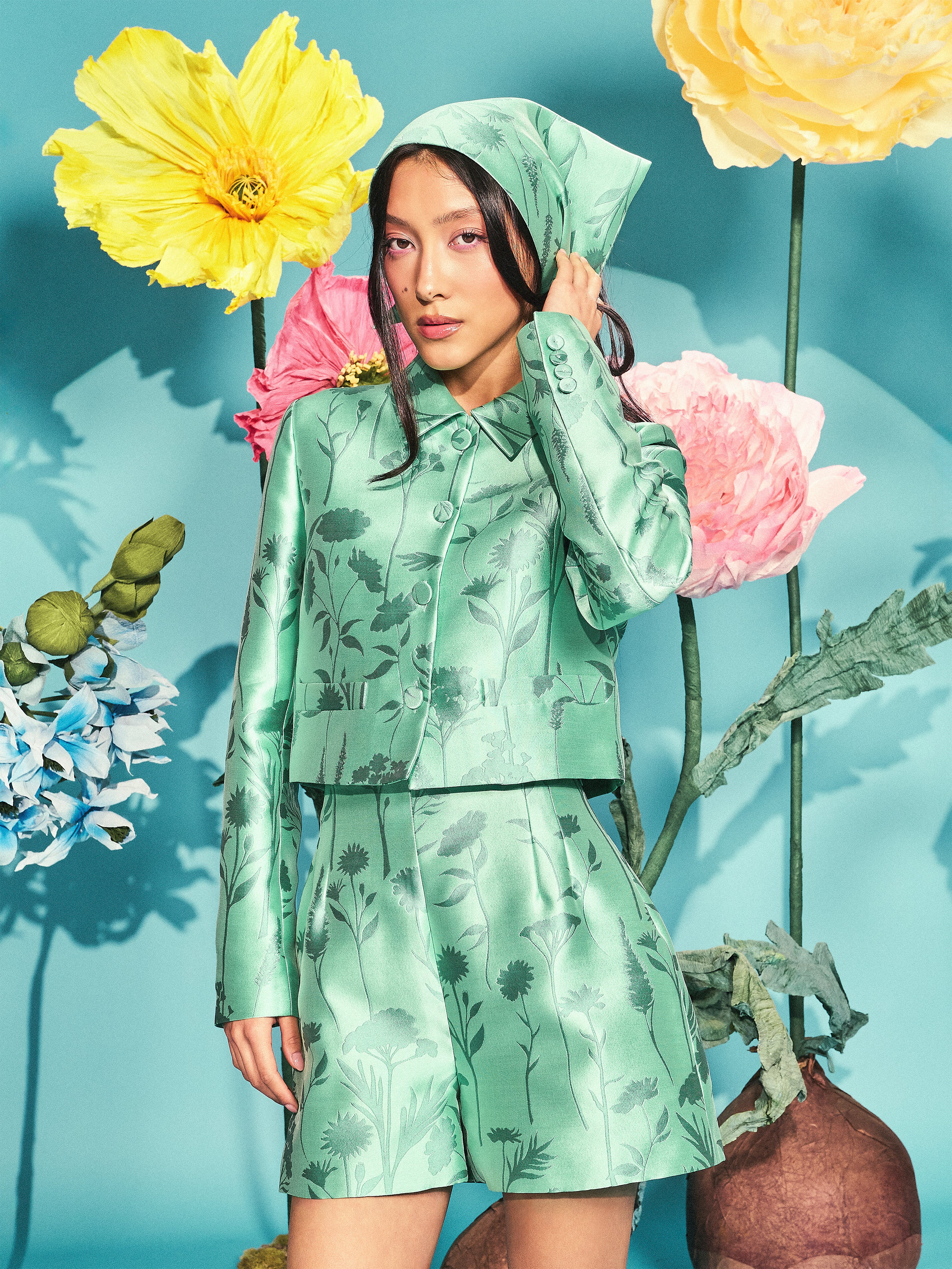 Jachetă Jacquard Florală verde