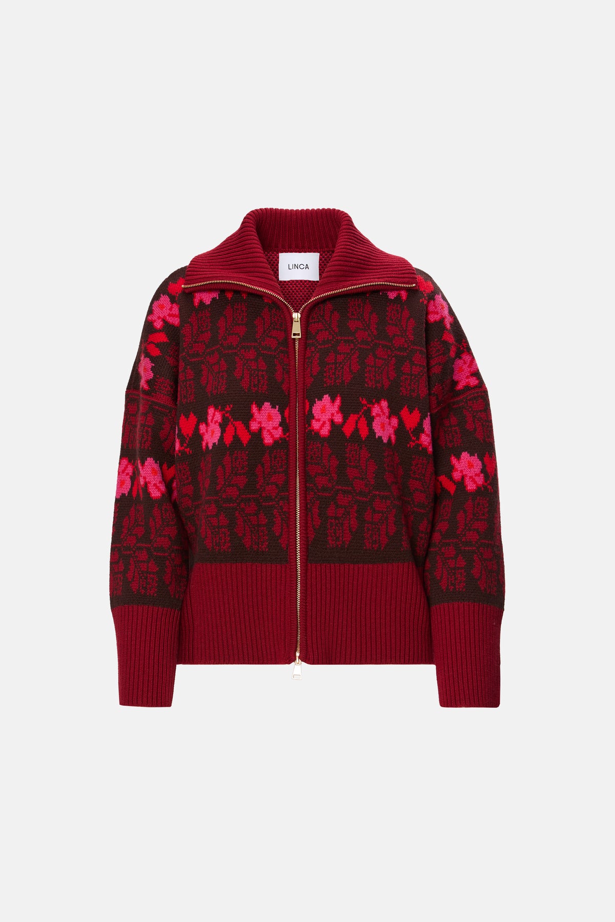 Jacquard Zip-Up Cardigan in Burgundy