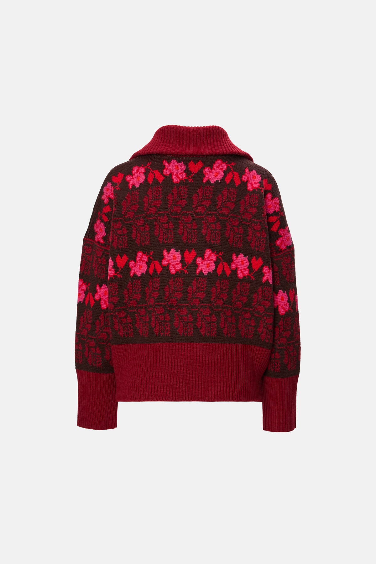 Jacquard Zip-Up Cardigan in Burgundy