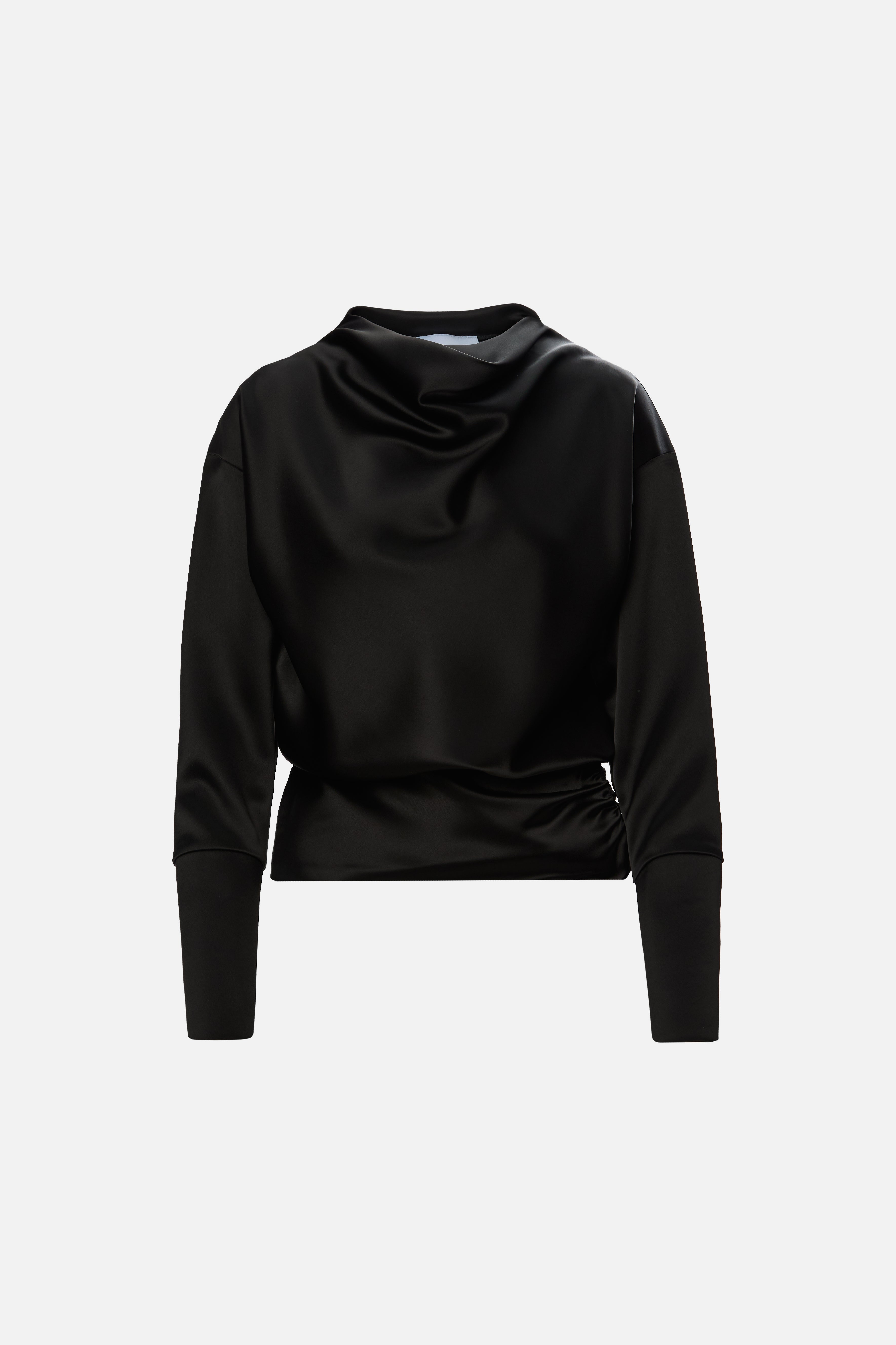 Top negru drapat cu mânecă lungă