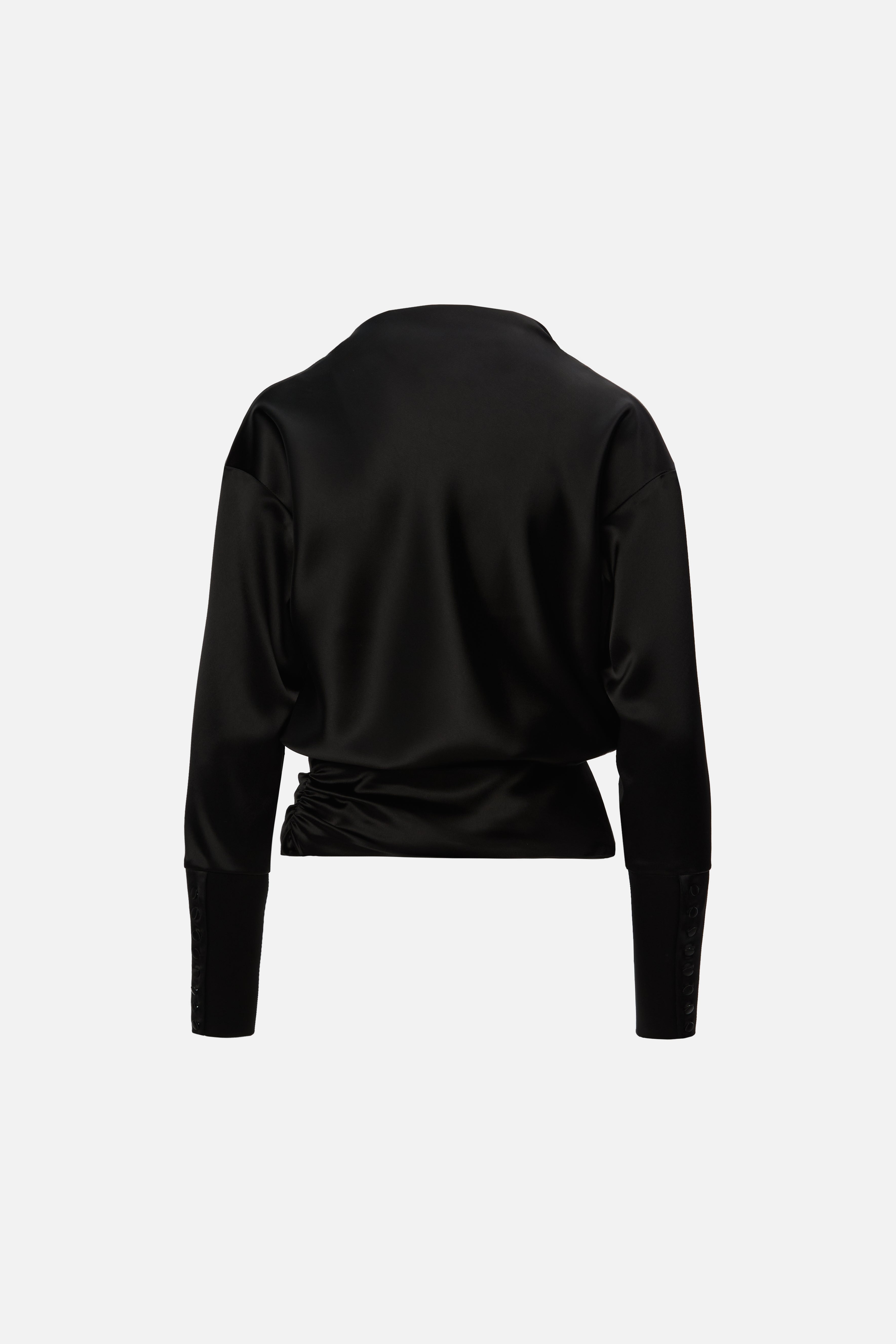 Top negru drapat cu mânecă lungă