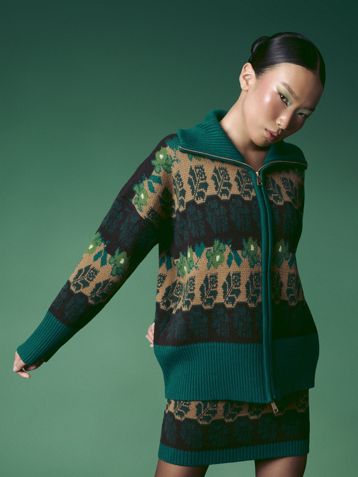 Cardigan lână merino verde cu fermoar